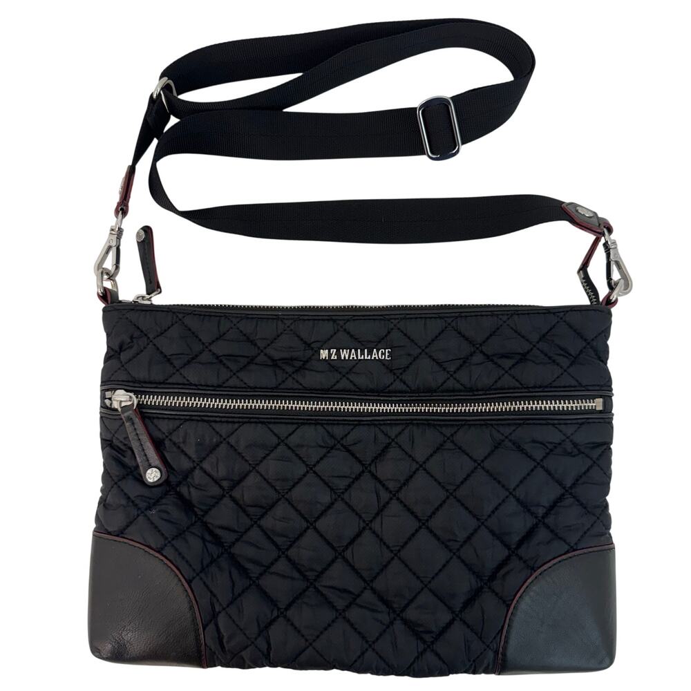 MZ Wallace Nylon Quilted Crossbody Bag Oxford Fabric with Leather Trim Black